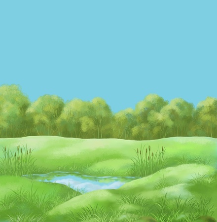 Picture, hand-draw oil paints  summer landscape, forest lakeの写真素材