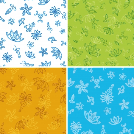 Set abstract seamless floral backgrounds with outline symbolical flowers  Vector illustrationのイラスト素材