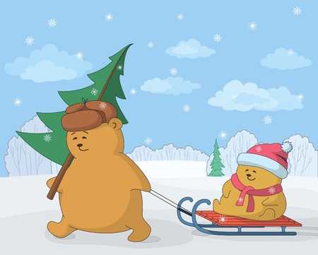 Cartoon, teddy bears in the winter forest, father with a Christmas tree and child on sledge  Vector illustrationのイラスト素材