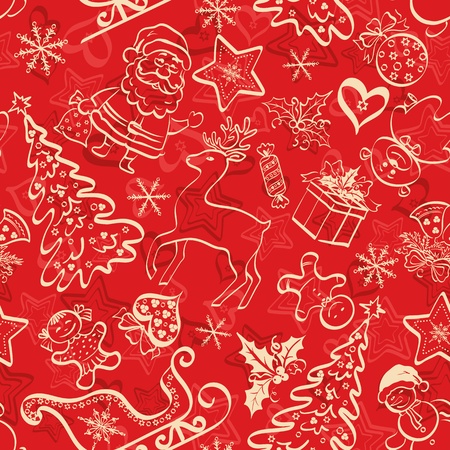 Christmas cartoon seamless background for holiday design, white silhouettes on red. Vectorの写真素材