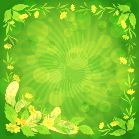 Abstract floral background  leaves, flowers, feathers and circles on green  Vector eps10, contains transparenciesのイラスト素材