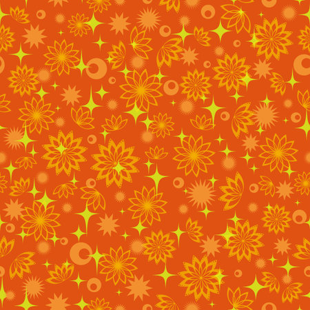 Seamless floral background, symbolical silhouette flowers and stars, contains transparenciesのイラスト素材