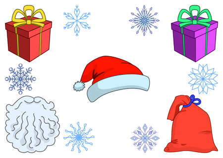 The objects connected with the Santa Claus  gift boxes, a bag with gifts, a beard, a cap, a snowflakesのイラスト素材