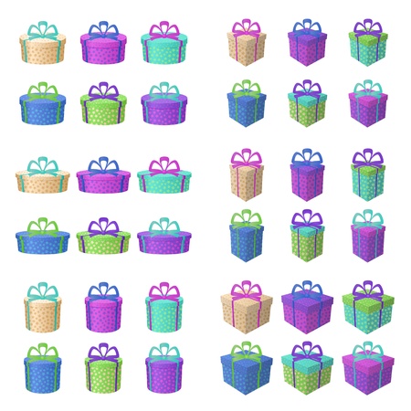 Set multi coloured gift boxes with a patterns and bows, isolated on white background  のイラスト素材