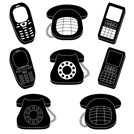 Set of phones, vintage and mobile, black silhouette on white background  のイラスト素材