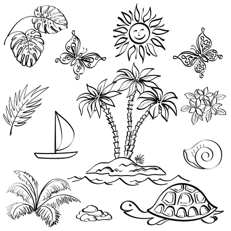 Set of the objects represent summer, exotic and a beach, black contour on white background   のイラスト素材