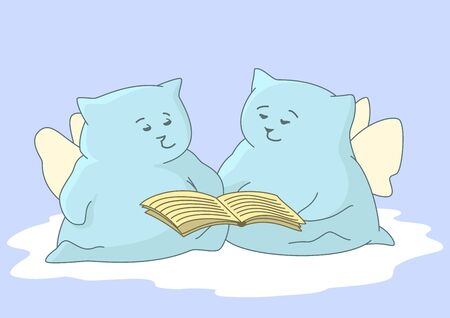 Cartoon animals angels sit on cloud in the blue sky and read book のイラスト素材