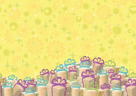 Holiday seamless background, festive gift boxes and floral pattern  Vectorのイラスト素材