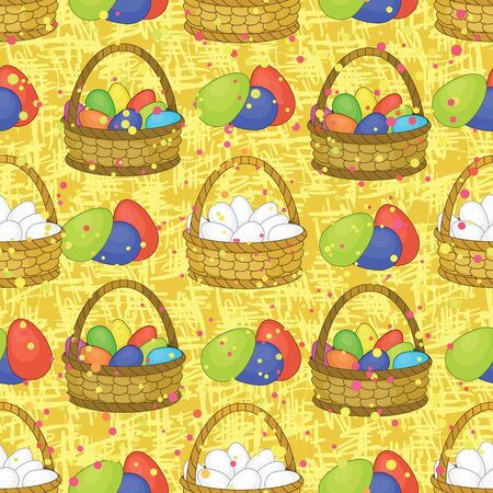 Seamless background, basket with colorful painted chicken Easter eggs  のイラスト素材