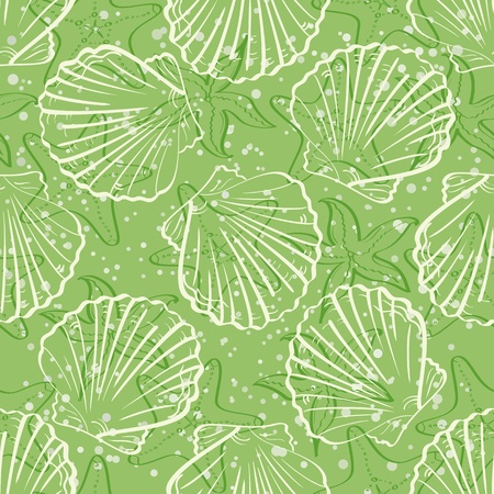 Seamless background, marine seashells and starfishes, white contour on green background  のイラスト素材