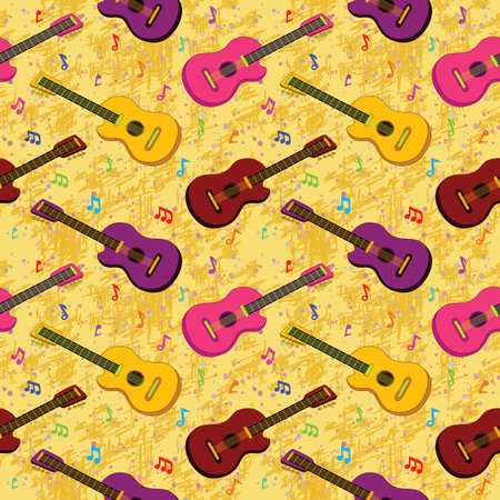 Seamless background, pattern of colorful guitars and notes  のイラスト素材