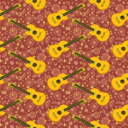 Seamless background, yellow guitars and floral pattern  のイラスト素材