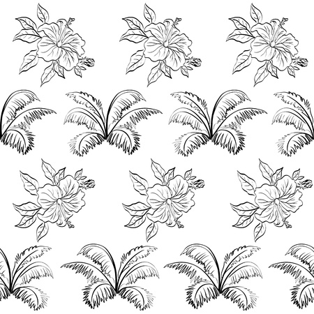 Seamless floral background, hibiscus flowers and leaves, black contour on white. Vectorのイラスト素材