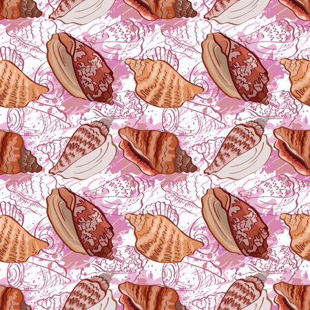 Seamless background, pattern with marine seashells and contour. Vectorのイラスト素材