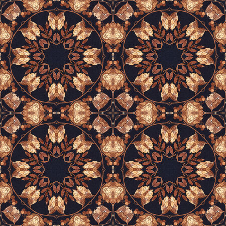 Abstract artistic background, seamless handmade floral ornament, intarsia from the back side of a birch bark on black fabricの写真素材