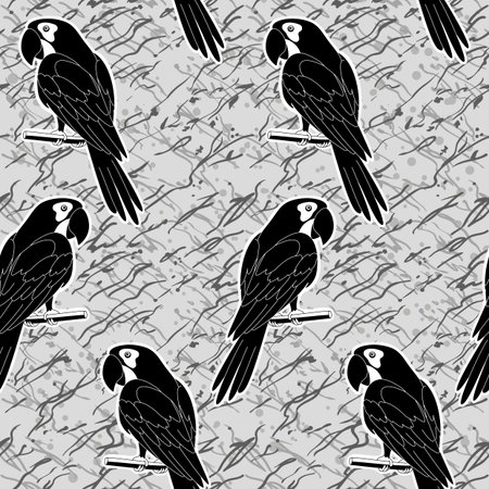 Seamless pattern cartoon black and white silhouettes parrots on abstract grey background のイラスト素材