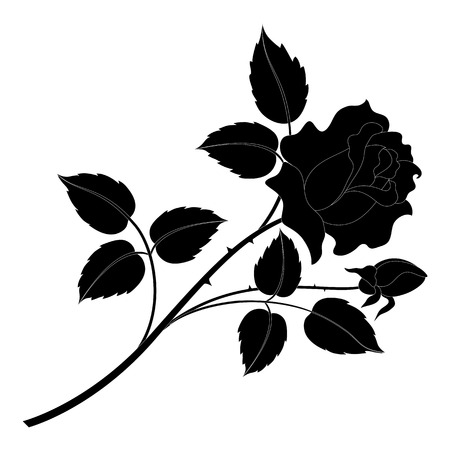 Flower rose with leaves black silhouettes isolated on white background のイラスト素材