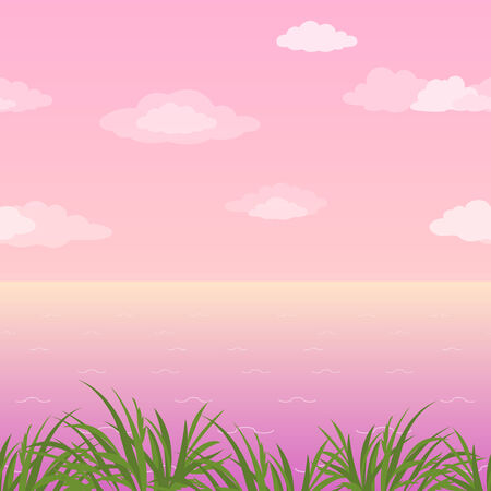 Sea landscape, horizontal seamless, green grass and pink morning sky with clouds. Eps10, contains transparencies. Vectorのイラスト素材