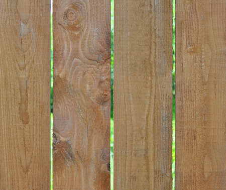 Wooden Fence from Pine Boards with a View to the Green Plants through the Gap