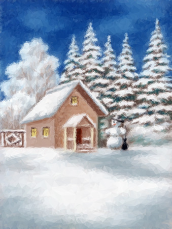 Christmas Illustration, House and Snowman in Winter Snowy Forest, Low Poly. Vectorのイラスト素材