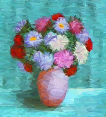 Flowers, Bouquet of Asters in a Pot, Low Poly Geometrical Polygonal Colorful Pattern. Vectorのイラスト素材