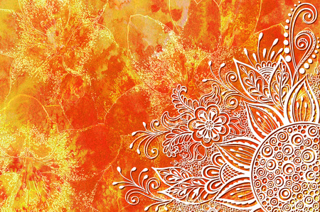 Calligraphic Vintage Pattern, Abstract Floral Outline Ornament, White Contours on Colorful Hand-Draw Watercolor Painting Backgroundの写真素材