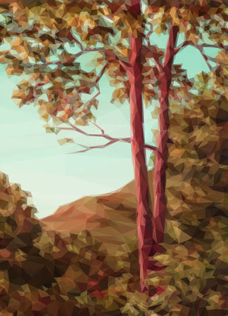 Landscape, Autumn Forest with Red Trees, Low Poly. Vectorのイラスト素材
