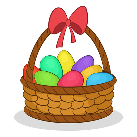 Holiday Easter Wattled Basket with Colorful Painted Chicken Eggs and Red Bow on the Handle. Vectorのイラスト素材