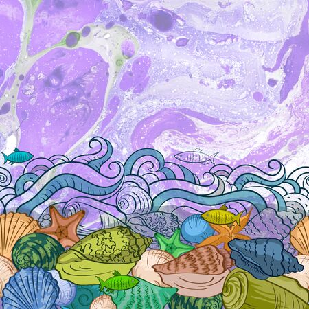 Sea Exotic Pattern, Seashells, Fishes, Starfishes Colorful and Contours on a Watercolor Painting Backgroundの写真素材