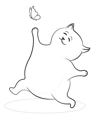 Cartoon Cat Runs and Wants to Catch a Butterfly, Black Contours Isolated on White Background. Vectorのイラスト素材