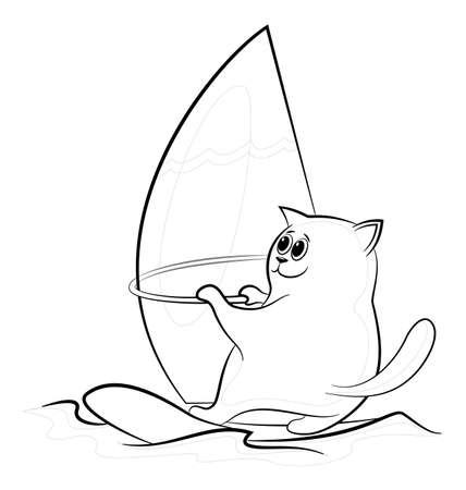 Cartoon Cat Windsurfer Sailing on the Sea Waves, Black Contours Isolated on White Background. Vectorのイラスト素材