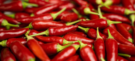Pile of Fresh Chili and Ripe Red Hot Chili. Top view. Chili Saltillo (Capsicum Annum)
