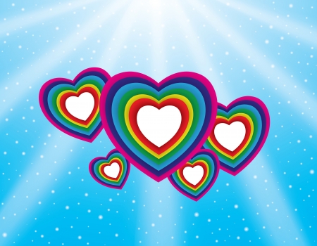 Valentine s day background with colorful hearts, blue sky and sun rays  Vector のイラスト素材
