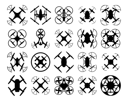 Drone silhouettes set. Isolated on white background. Vector illustration.のイラスト素材