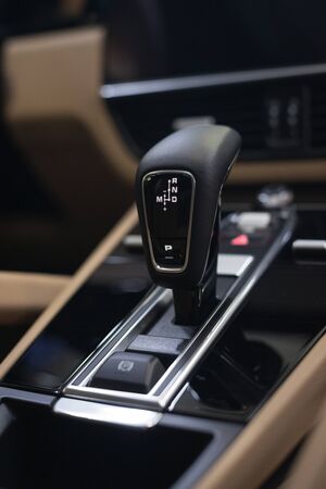 New car automatic transmission. Interior detail. Vertical photo.の写真素材