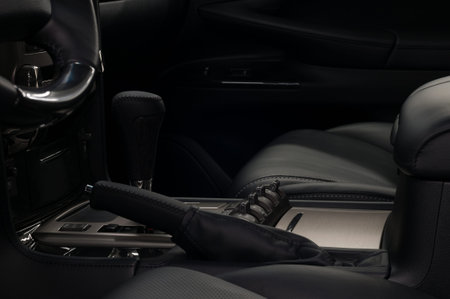 Modern car interior background. Automatic transmission. Panel with control buttons.