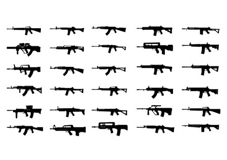 Most popular and famous machine guns in the world. Exclusive silhouettes vector set including 30 pcs. Isolated on white background.のイラスト素材