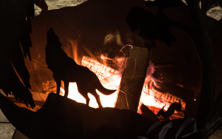 Wood hearth for heating in winter on the street. Wood, fire, metal figures. Black and yellow.Winter...
