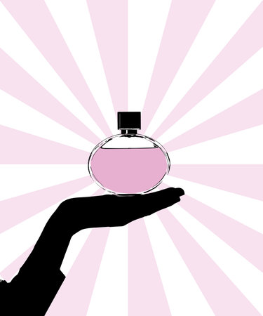 Female hand holding a pink Perfume on a striped background.のイラスト素材
