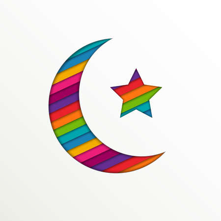 Colorful crescent moon and star on white background for holy month of Muslim community Ramadan Kareemのイラスト素材