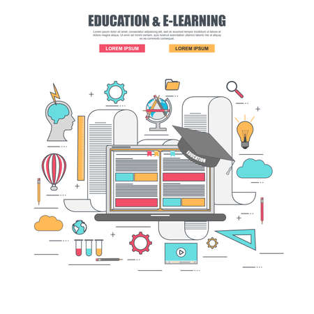 Thin line flat design concept of e-learning educationのイラスト素材