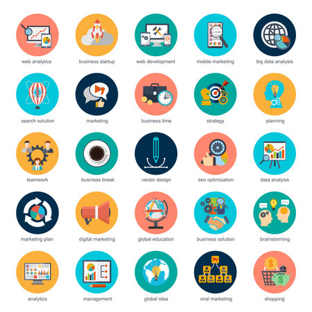 Set of flat design icons concept for marketing and strategy analysis, e-commerce, global business processes, seo analytics, financial research data for graphic and web designers.のイラスト素材