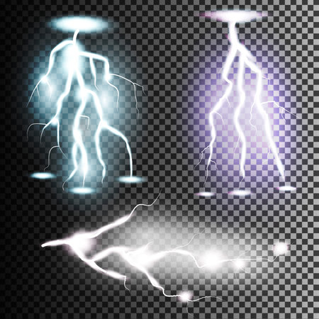Collection of the isolated realistic lightnings with transparency for design. Thunder-storm and lightnings. Bright lighting   effects.のイラスト素材
