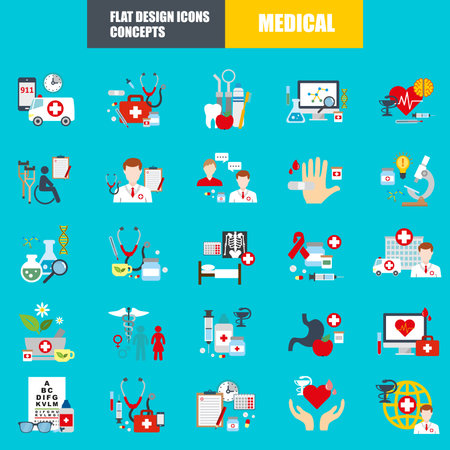 Flat medical icons concept set of medical supplies, healthcare diagnosis and treatment, laboratory tests, medicines and equipment. Vector concept for graphic and web design.のイラスト素材
