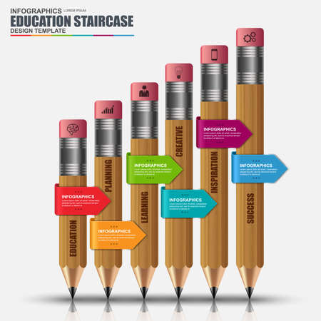 Abstract 3D education stair success pencil Infographic. Can be used for workflow layout, data visualization, business concept with 6 options, parts, steps or processes, banner, diagram, web design.のイラスト素材