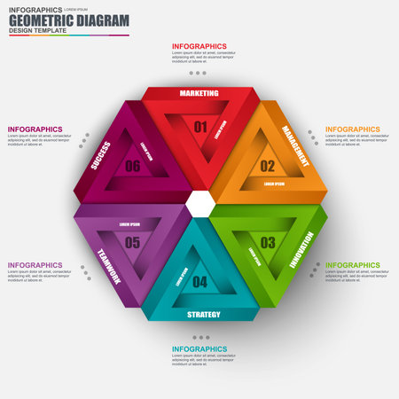 Abstract 3D business geometric Infographic. Can be used for workflow layout, data visualization, business concept with 6 options, parts, steps or processes, banner, cycle diagram, chart, web design.のイラスト素材