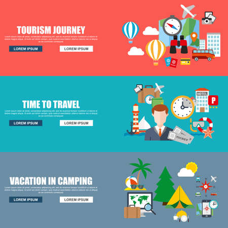 Flat design modern vector illustration concept for business travel, journey, time to travel, vacation in camping, transport tourism isolated elements for website banner travel companies. Flat icons.のイラスト素材