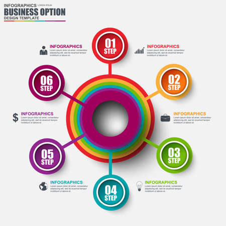 Infographic marketing vector design template. Can be used for workflow layout, data visualization, business concept with 6 options, parts, steps or processes, banner, diagram, chart, web design.のイラスト素材