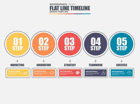 Thin line flat timeline infographic elements vector template. Can be used for workflow, business concept with 5 options, parts, steps or processes, number options, diagram, chart, data visualization.のイラスト素材