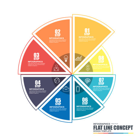 Thin line flat conceptual diagram infographic elements vector template. Can be used for workflow, data visualization, business concept with 8 options, steps or processes, banner, chart, web design.のイラスト素材